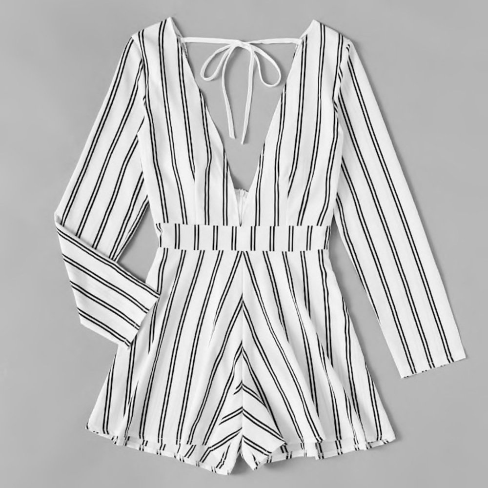 ✨NEW✨ Deep V Neckline Tie Back Striped Romper✨